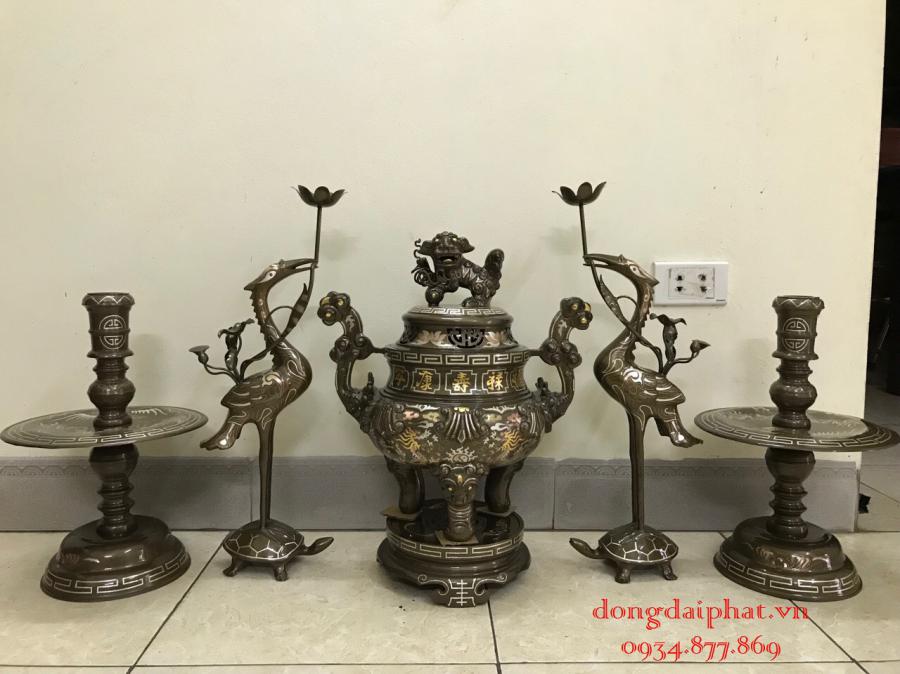 Bộ đỉnh đồng đỏ khảm ngũ sắc đỉnh đồng khảm ngũ sắc